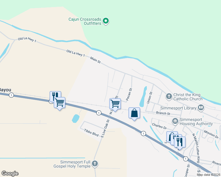 map of restaurants, bars, coffee shops, grocery stores, and more near 1039 Vic Maddie Street in Simmesport