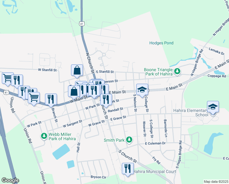 map of restaurants, bars, coffee shops, grocery stores, and more near 203 East Main Street in Hahira
