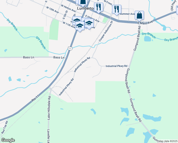 map of restaurants, bars, coffee shops, grocery stores, and more near 100 Industrial Parkway Road in Lumberton