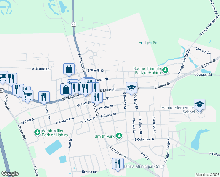 map of restaurants, bars, coffee shops, grocery stores, and more near 203 East Main Street in Hahira