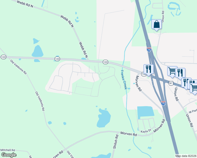 map of restaurants, bars, coffee shops, grocery stores, and more near 7305 Creekside West Drive in Hahira