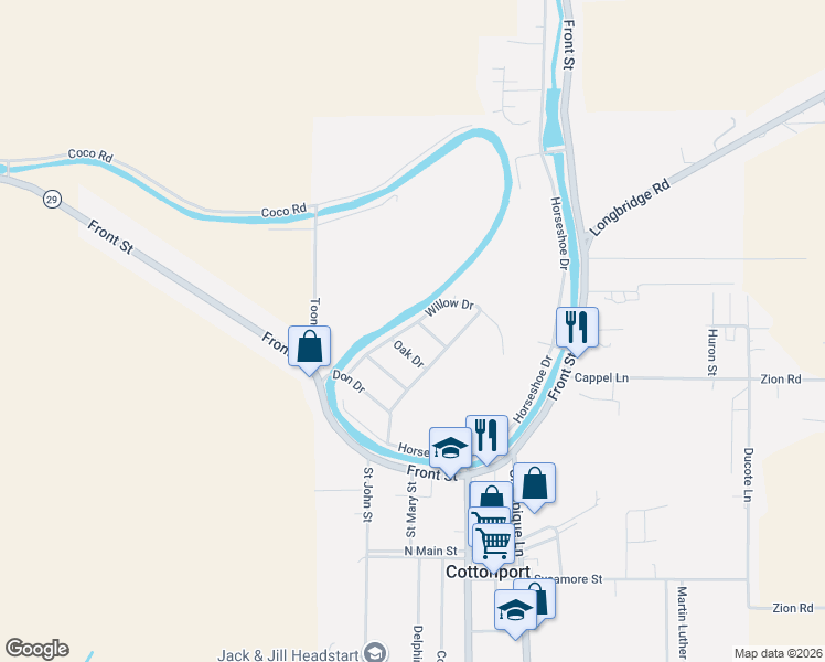 map of restaurants, bars, coffee shops, grocery stores, and more near 101-199 Oak Drive in Cottonport