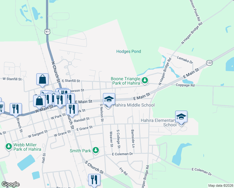 map of restaurants, bars, coffee shops, grocery stores, and more near 406 East Lawson Street in Hahira