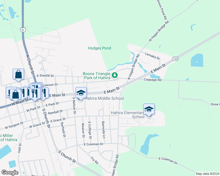 map of restaurants, bars, coffee shops, grocery stores, and more near 604 East Lawson Street in Hahira
