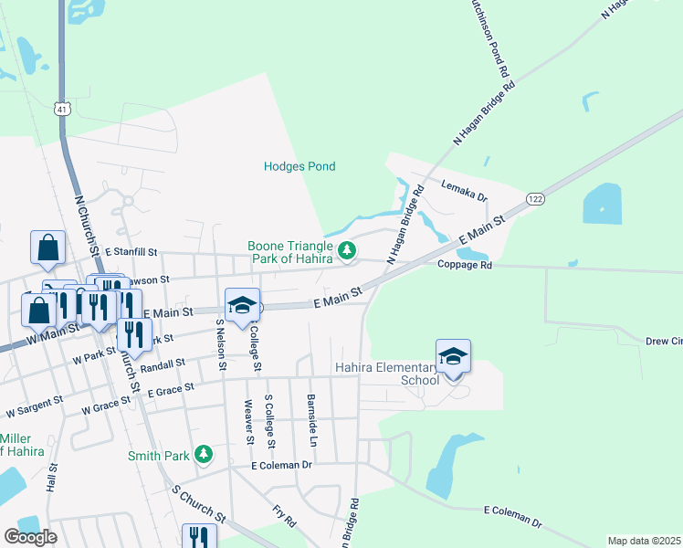 map of restaurants, bars, coffee shops, grocery stores, and more near 604 East Lawson Street in Hahira