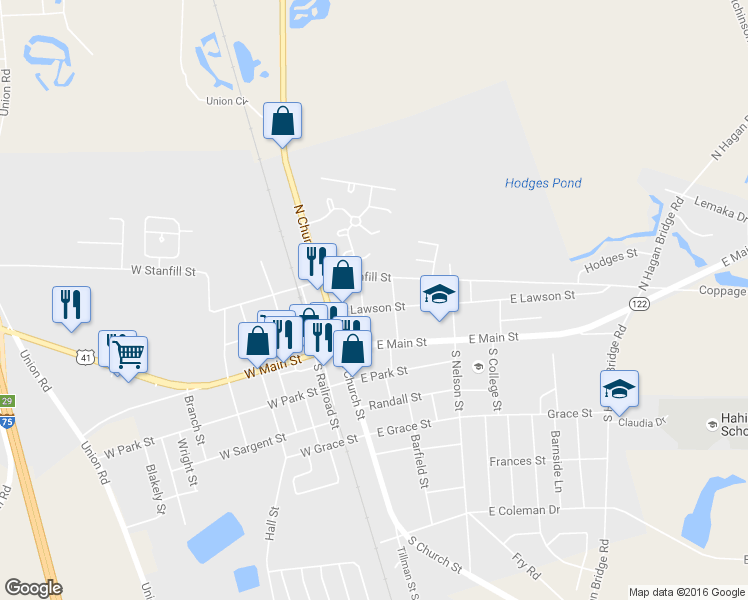 map of restaurants, bars, coffee shops, grocery stores, and more near 109 East Lawson Street in Hahira