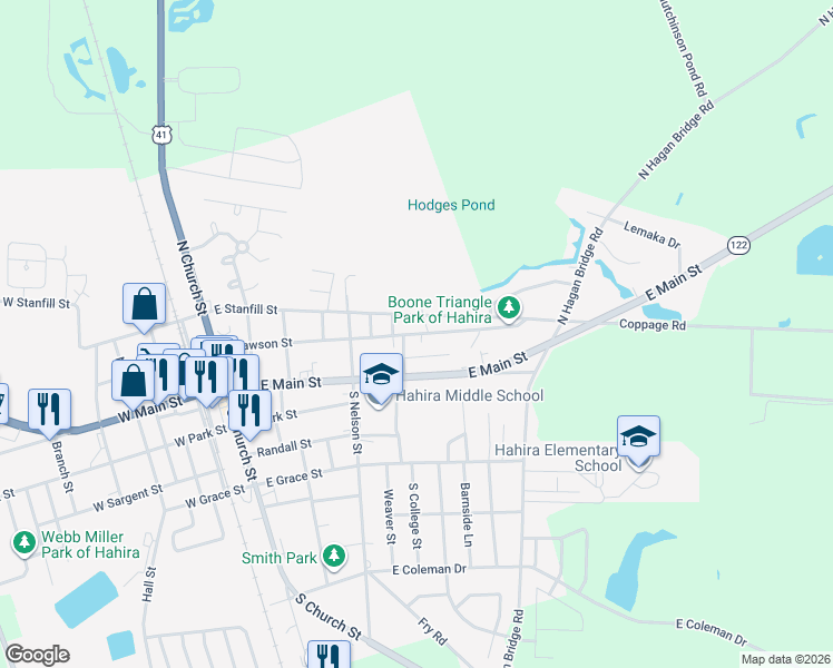 map of restaurants, bars, coffee shops, grocery stores, and more near 406 East Lawson Street in Hahira