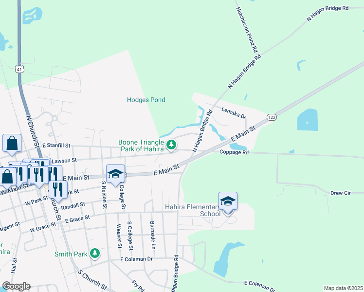 map of restaurants, bars, coffee shops, grocery stores, and more near 609 East Stanfill Street in Hahira