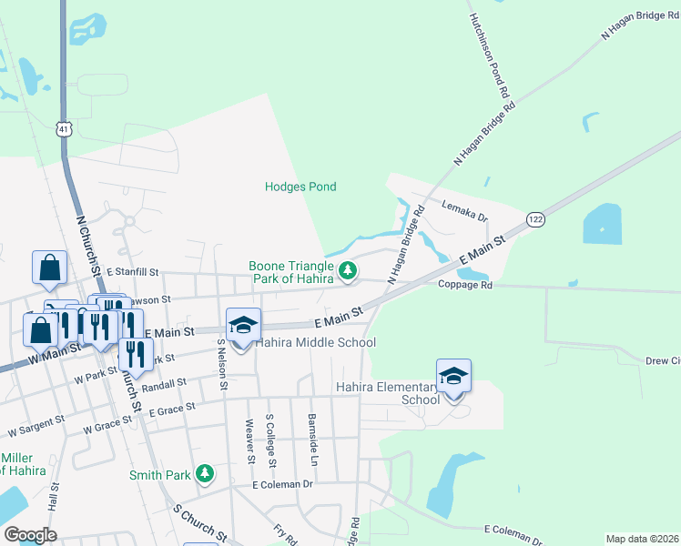 map of restaurants, bars, coffee shops, grocery stores, and more near 605 Hodges Street in Hahira
