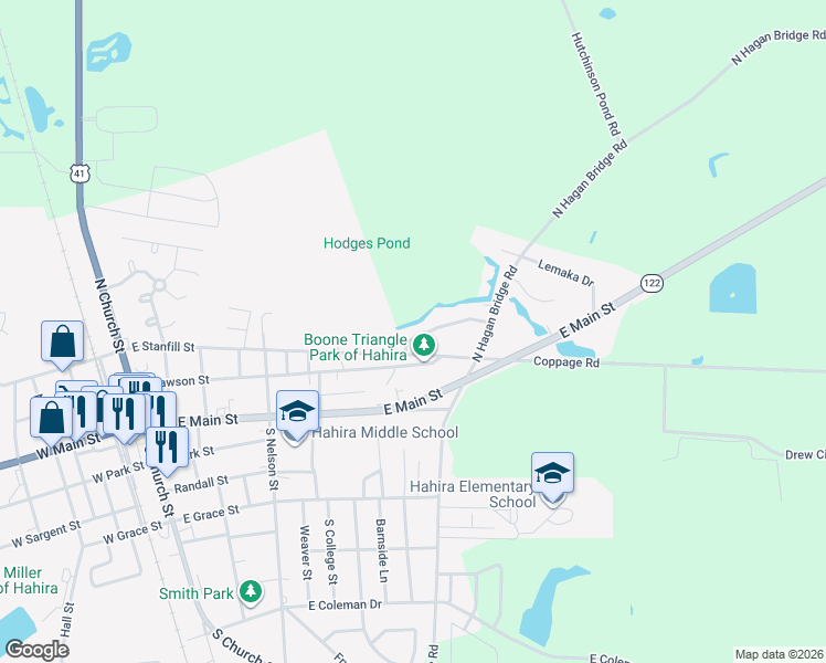 map of restaurants, bars, coffee shops, grocery stores, and more near 605 Hodges Street in Hahira