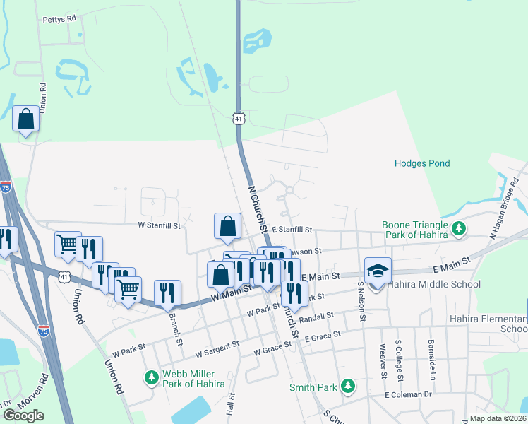 map of restaurants, bars, coffee shops, grocery stores, and more near 209 Redbird Place in Hahira