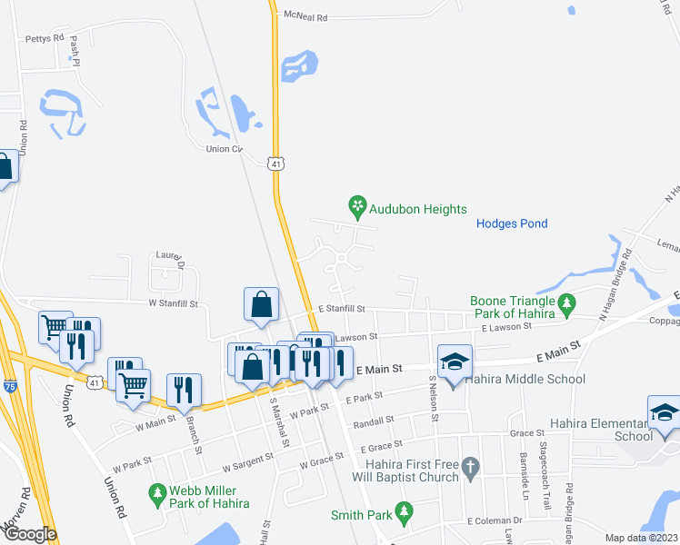 map of restaurants, bars, coffee shops, grocery stores, and more near 129 Sparrow Drive in Hahira
