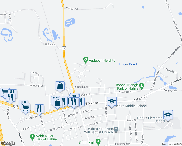 map of restaurants, bars, coffee shops, grocery stores, and more near 221 Wood Duck Point in Hahira