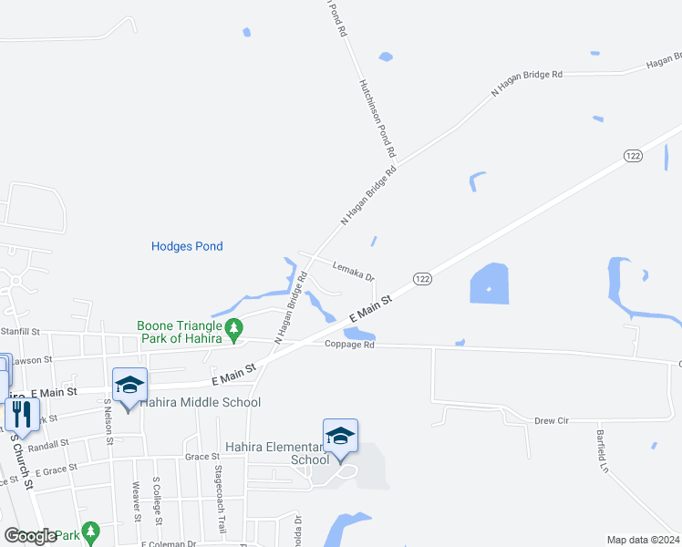 map of restaurants, bars, coffee shops, grocery stores, and more near 805 Lemaka Drive in Hahira