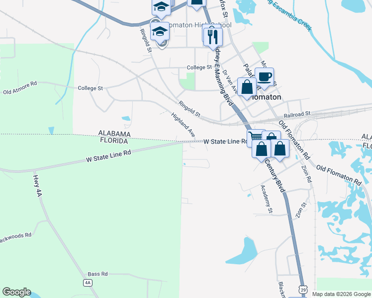 map of restaurants, bars, coffee shops, grocery stores, and more near 183 West State Line Road in Century