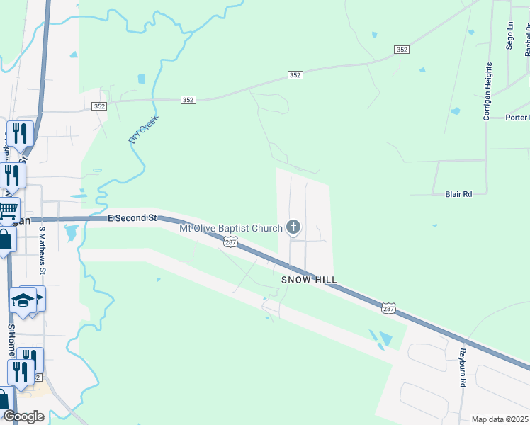 map of restaurants, bars, coffee shops, grocery stores, and more near 858 East Second Street in Corrigan