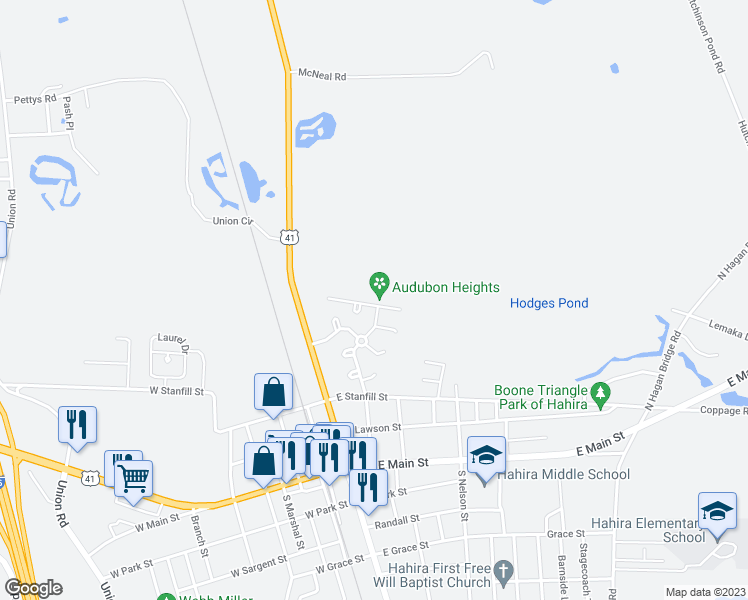 map of restaurants, bars, coffee shops, grocery stores, and more near 146 Mockingbird Crossing in Hahira