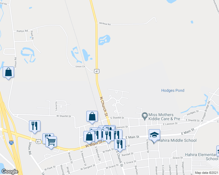 map of restaurants, bars, coffee shops, grocery stores, and more near 118 Mockingbird Crossing in Hahira