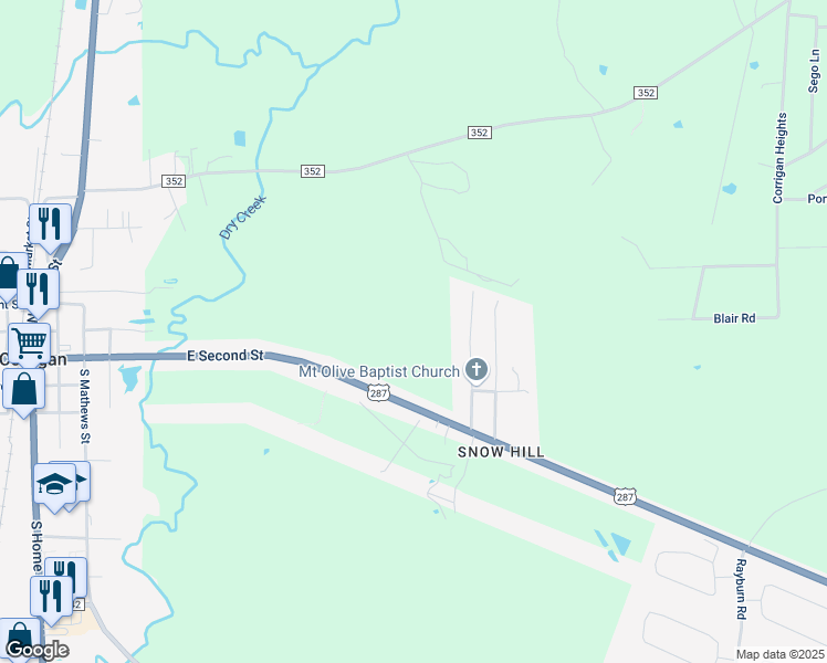 map of restaurants, bars, coffee shops, grocery stores, and more near 858 East Second Street in Corrigan