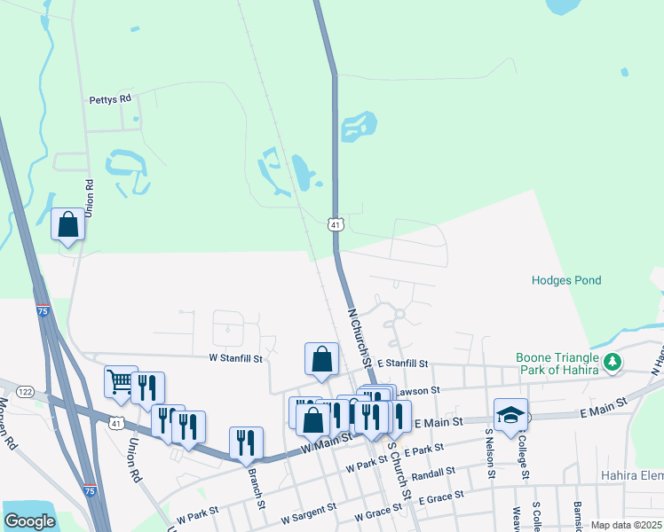 map of restaurants, bars, coffee shops, grocery stores, and more near 607 North Church Street in Hahira