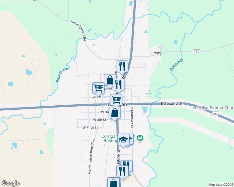 map of restaurants, bars, coffee shops, grocery stores, and more near in Corrigan