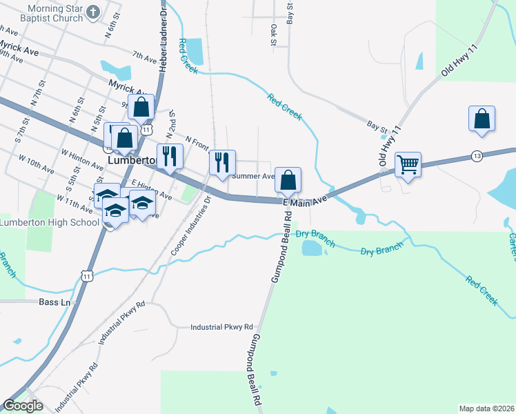 map of restaurants, bars, coffee shops, grocery stores, and more near West Main Street in Lumberton