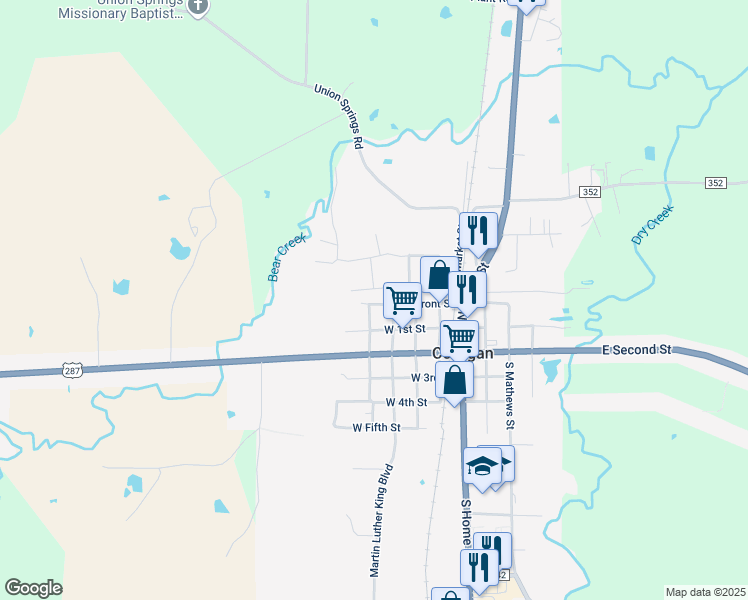 map of restaurants, bars, coffee shops, grocery stores, and more near 8 West Front Street in Corrigan