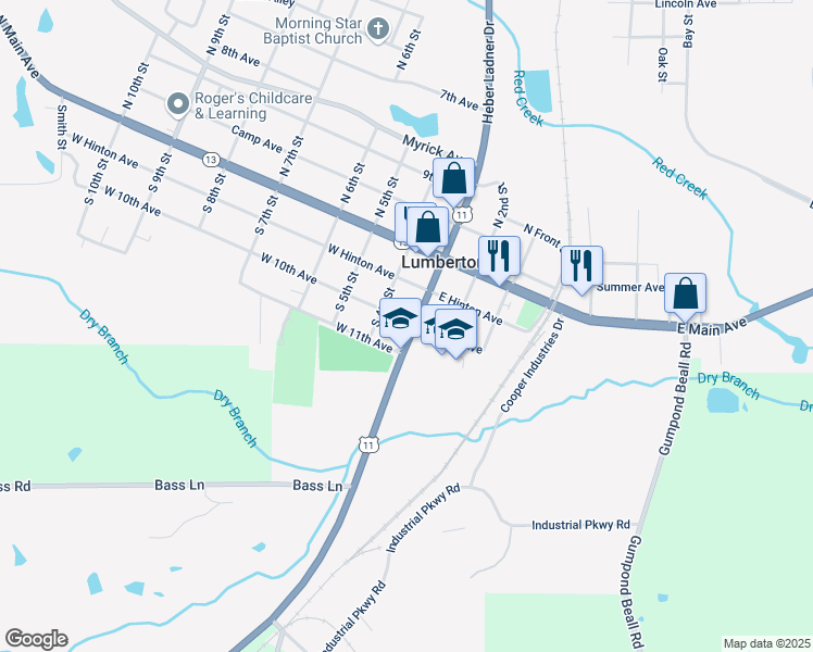 map of restaurants, bars, coffee shops, grocery stores, and more near 7901 U.S. 11 in Lumberton