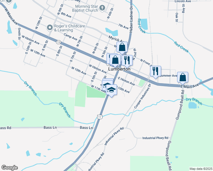 map of restaurants, bars, coffee shops, grocery stores, and more near 7901 U.S. 11 in Lumberton