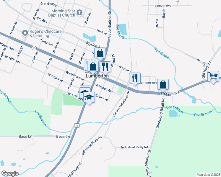 map of restaurants, bars, coffee shops, grocery stores, and more near 104 East 10th Avenue in Lumberton