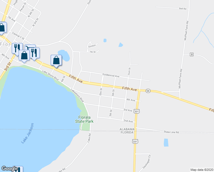 map of restaurants, bars, coffee shops, grocery stores, and more near 5th Avenue in Florala