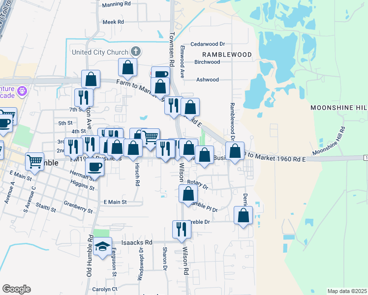 map of restaurants, bars, coffee shops, grocery stores, and more near in Humble