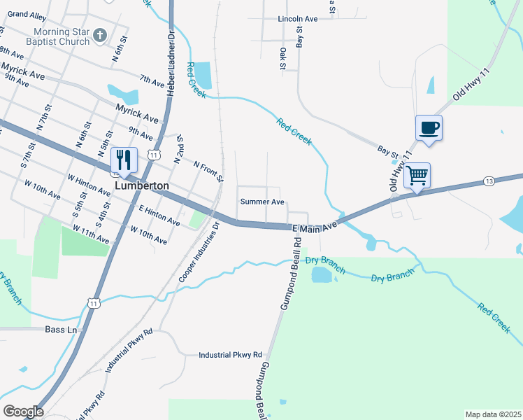map of restaurants, bars, coffee shops, grocery stores, and more near 411 Summer Ave in Lumberton