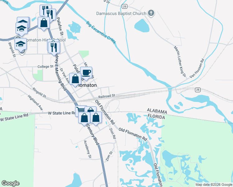 map of restaurants, bars, coffee shops, grocery stores, and more near 2429 Railroad Street in Flomaton