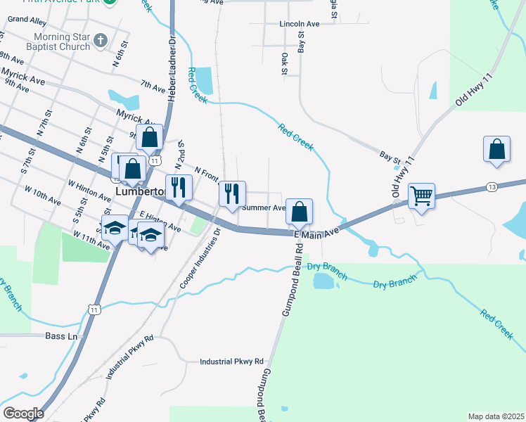 map of restaurants, bars, coffee shops, grocery stores, and more near 411 Summer Ave in Lumberton