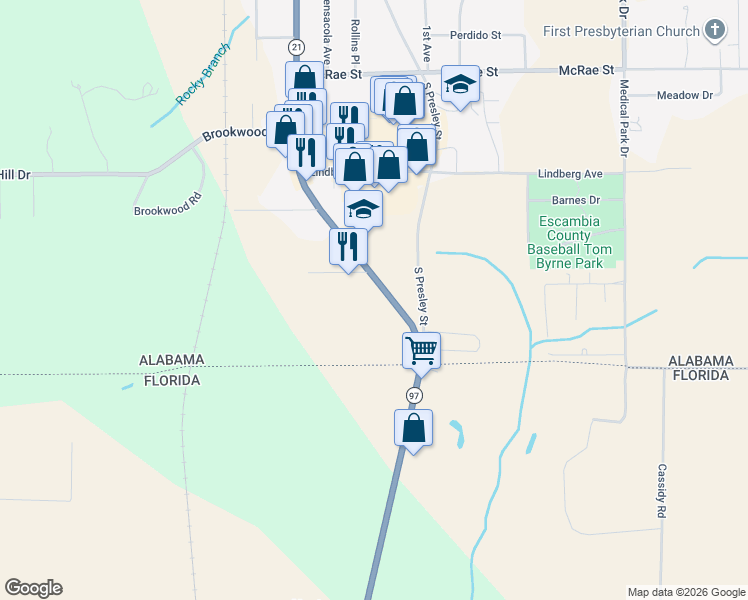 map of restaurants, bars, coffee shops, grocery stores, and more near South Main Street in Atmore