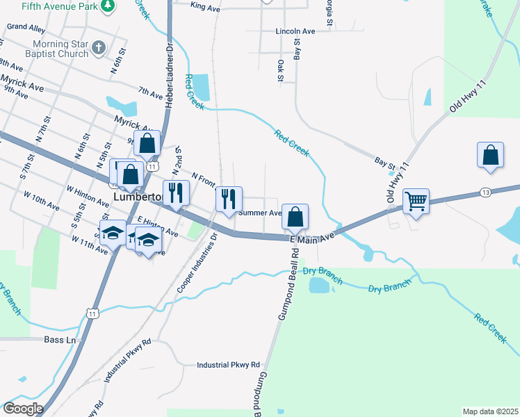 map of restaurants, bars, coffee shops, grocery stores, and more near 411 Summer Avenue in Lumberton