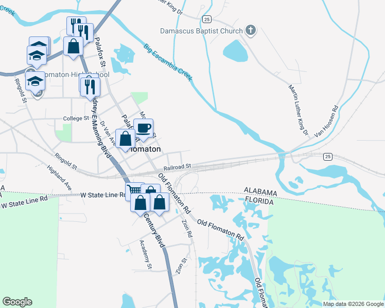 map of restaurants, bars, coffee shops, grocery stores, and more near 2429 Railroad Street in Flomaton