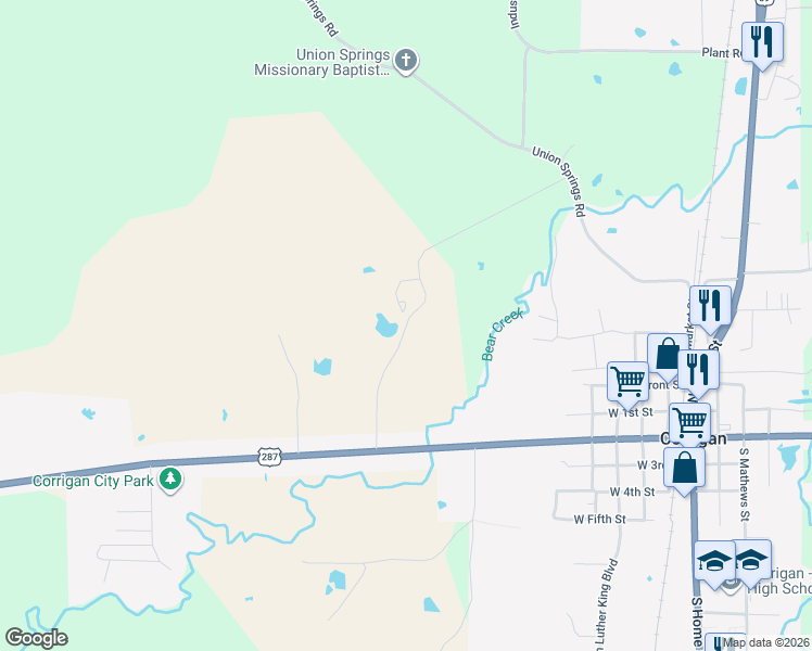 map of restaurants, bars, coffee shops, grocery stores, and more near 684 Hooks Road in Corrigan