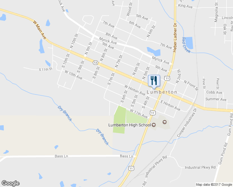 map of restaurants, bars, coffee shops, grocery stores, and more near 611 West 10th Avenue in Lumberton