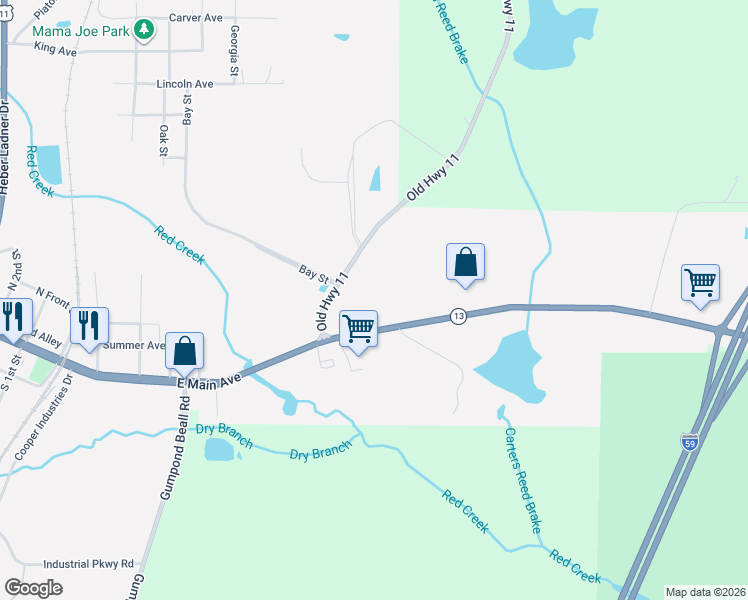 map of restaurants, bars, coffee shops, grocery stores, and more near 789 East Main Avenue in Lumberton