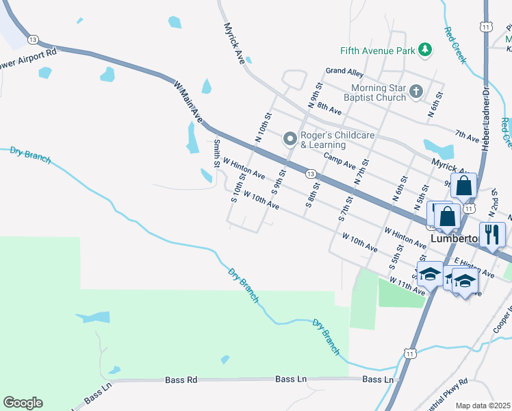 map of restaurants, bars, coffee shops, grocery stores, and more near 902 West 10th Avenue in Lumberton
