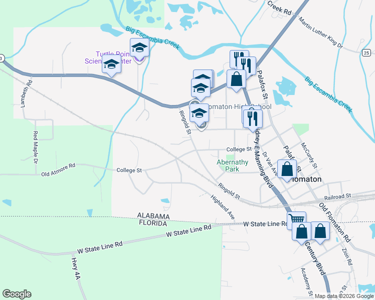 map of restaurants, bars, coffee shops, grocery stores, and more near 1542 Ringold Street in Flomaton