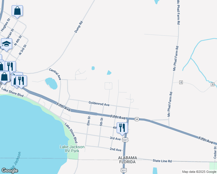 map of restaurants, bars, coffee shops, grocery stores, and more near 23621 Goldenrod Avenue in Florala