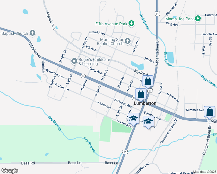 map of restaurants, bars, coffee shops, grocery stores, and more near 600-698 W Main St in Lumberton