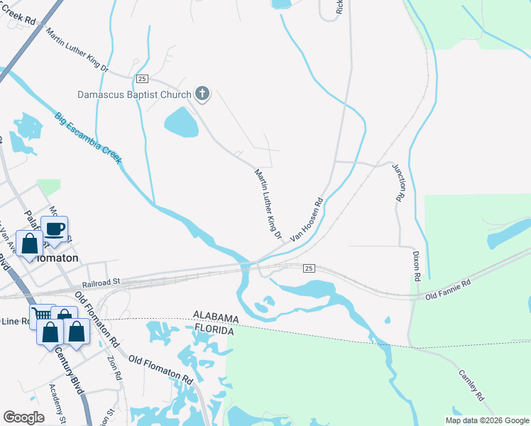 map of restaurants, bars, coffee shops, grocery stores, and more near 1124 Martin Luther King Drive in Flomaton