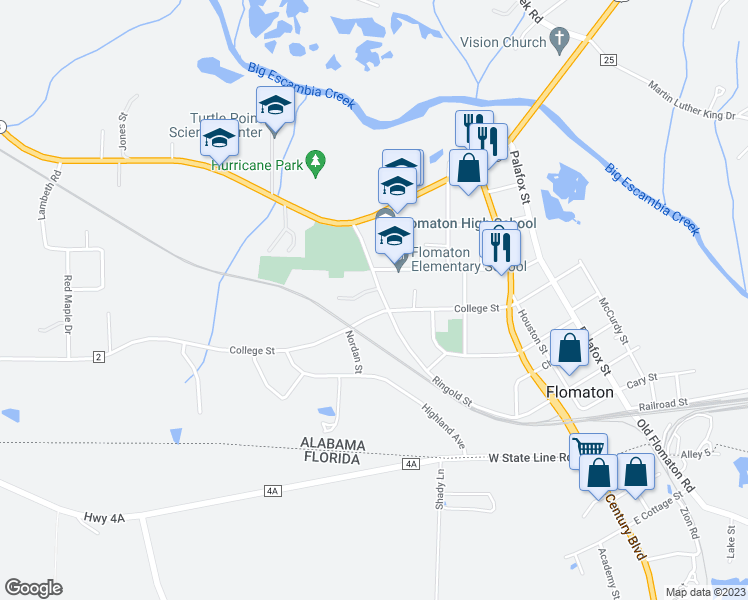 map of restaurants, bars, coffee shops, grocery stores, and more near 1542 Ringold Street in Flomaton