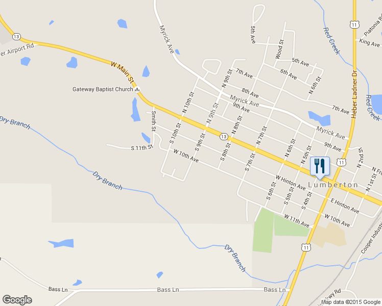map of restaurants, bars, coffee shops, grocery stores, and more near 902 W 10th Ave in Lumberton