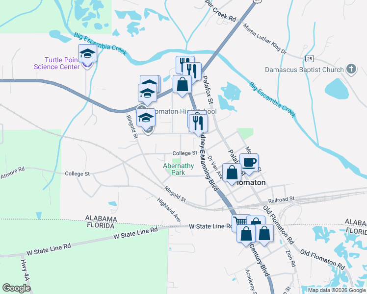 map of restaurants, bars, coffee shops, grocery stores, and more near 1803 College Street in Flomaton