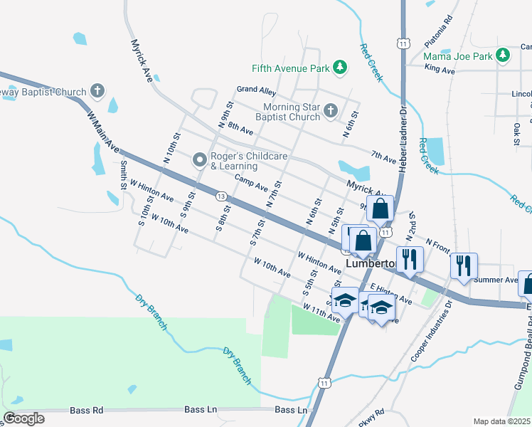map of restaurants, bars, coffee shops, grocery stores, and more near 698 W Main St in Lumberton